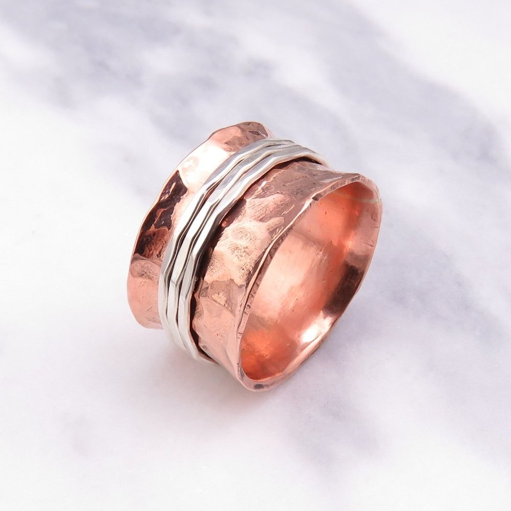 Wide Band Copper Spinner Ring with Silver Spinners - Size 9.5 - Handcrafted